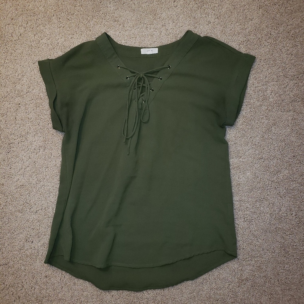 Olive Green Short-Sleeved Lace-Up Top